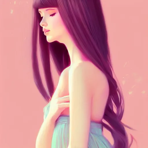 Image similar to young female in summer dress art, pastel light pink long hair, muted colors, matte print, pastel colors, ornate, digital art, digital painting, fan art, elegant, artstation, head is centered, by Ilya Kuvshinov