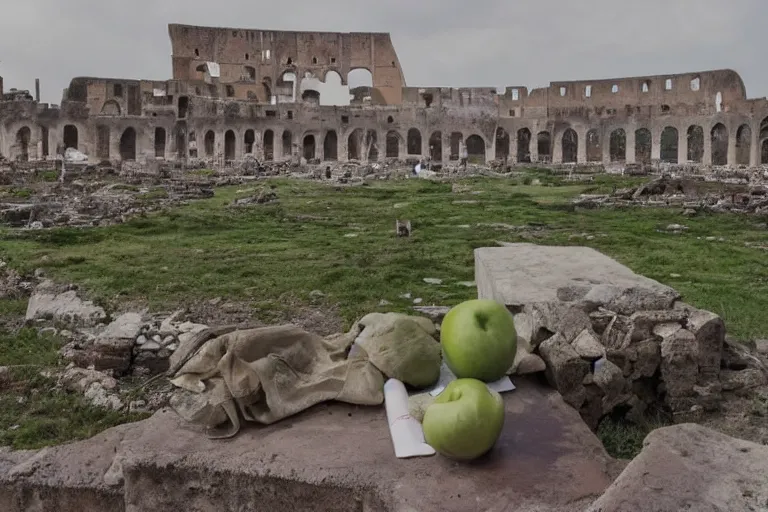 Image similar to An apple sitting on a table over the ruins of a sacked Rome, award winning photograph.