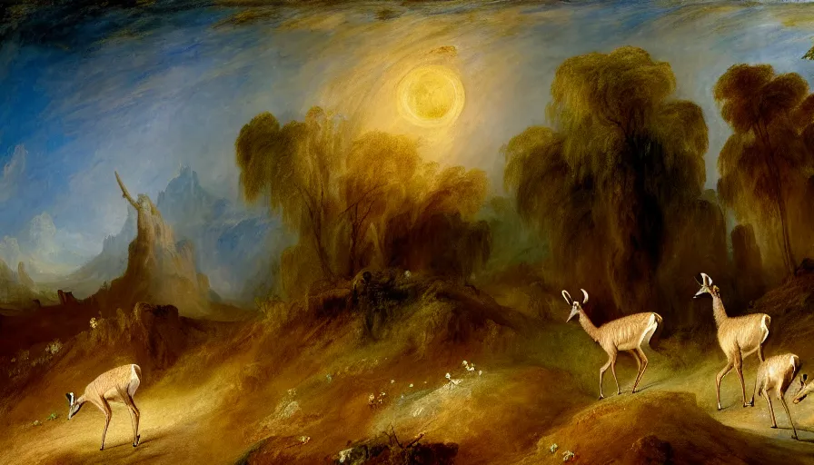 Image similar to highly detailed painting of antelopes in a flower garden on the moon by william turner, thick brush strokes and visible paint layers, 4 k resolution