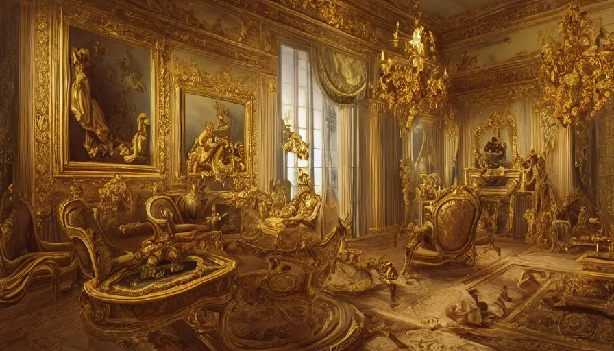 Image similar to photo of rococo interior, hyperrealism, extreme detail, intricate, elegant, highly detailed, sharp focus