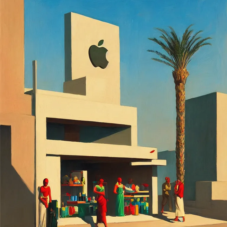 Image similar to apple store opening in ancient Egypt for the pharaoh, painted by Edward Hopper, painted by James Gilleard, airbrush