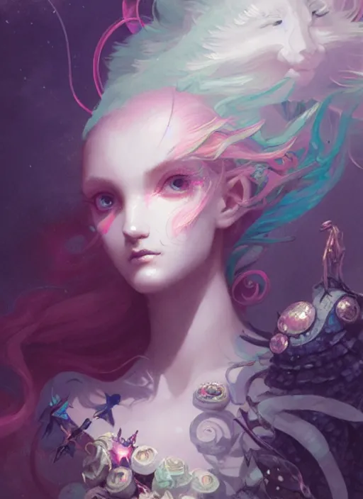 Image similar to close up picture of an maximalist dress magical girl, neat hair, extremely beautiful and aesthetic and detailed cute face and eyes, wipe out evils with cute familiar sprites, chiaroscuro, intricate, masterpiece, fantasy illustrations by peter mohrbacher and anato finnstark and jeremy lipking