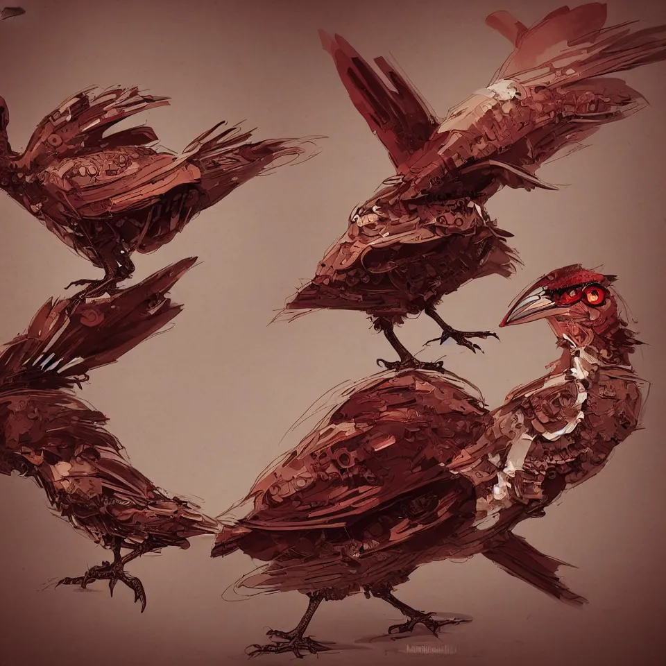 Image similar to a detailed concept art of a steampunk bird by miguel nogueira, gradient dark red, cream and white color scheme, dynamic lighting, cinematic, epic composition, masterpiece