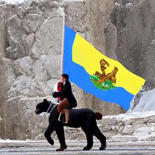 Image similar to Putin riding a bear with a Ukrainian flag