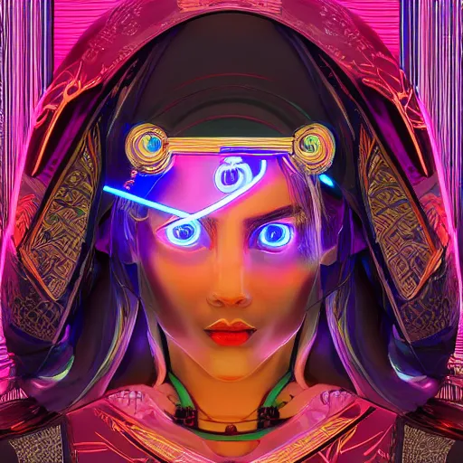 Prompt: centered symmetrical portrait of a persian cyberpunk cyborg japanese girl in kimono with glowing cybernetics, hyperdetailed, digital painting, trending on Artstation, cel-shading style, CG society, hyperdetailed, digital painting, hypermaximalist, golden ratio, volumetric, octane render, weta digital, micro details, 3d sculpture