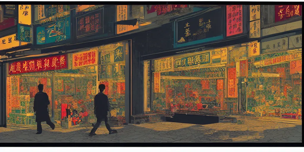 Image similar to a shop window in hong kong, by dan mumford and peter doig and edward hopper, minimal, black in, thick lines highly detailed, muted colours, overlaid with chinese adverts, 8 k