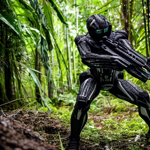 Image similar to close up Crysis Nanosuit shooting at enemies in a devastated burning exploding jungle combat photography 2022, Canon EOS R3, f/1.4, ISO 200, 1/160s, 8K, RAW, unedited, in-frame,