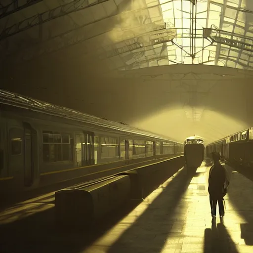 Image similar to an cavernous and expansive train terminal, sun rays coming in through windows, smoky and dusty air, people in a train station, photograph by hal morey, featured on cg society, light and space, volumetric lighting, matte drawing, cinematic, moody, dramatic, global illumination