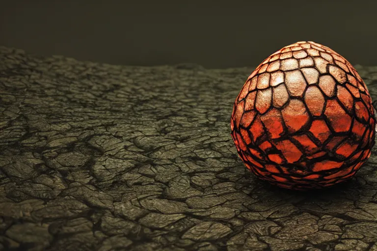 Prompt: a scaly dragon egg made from opalescent coal and molten lava, on a carved stone floor against a forest background photorealistic, dlsr, octane render, 8 k, cinematic lighting