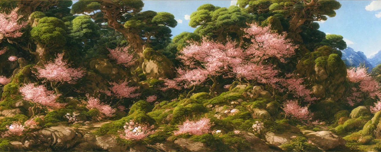 Prompt: ghibli illustrated background of a flowery rocky grassy jungle with cherry blossom by eugene von guerard, ivan shishkin, john singer sargent