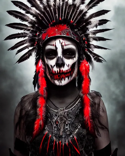 Prompt: the ghost - spirit of the grim - warpaint wears the scarlet skull armor and native blood headdress feathers, midnight fog - mist!, dark oil painting colors, realism, cinematic lighting, various refining methods, micro macro autofocus, ultra definition, award winning photo, photograph by jamie salmon