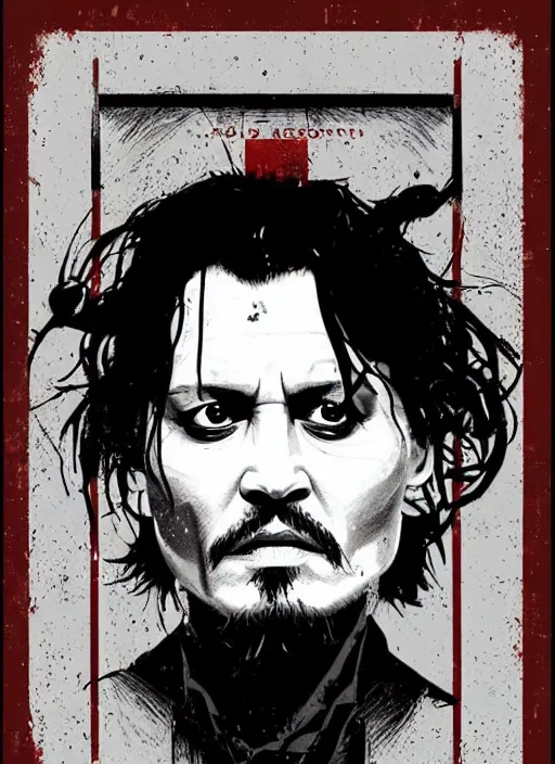 Prompt: highly detailed delirium face portrait of johnny depp in prison by petros afshar, tom whalen, laurie greasley, war face by greg rutkowski