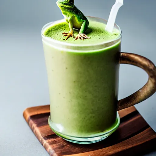 Prompt: peach matcha latte being served by a cute lizard, high quality food photography