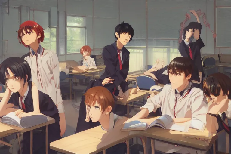 boy's love anime high school classroom scene spring, Stable Diffusion