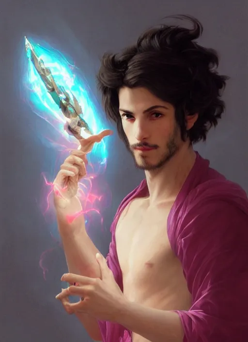 Image similar to character concept portrait of an attractive young smirking Spanish wizard with pink skin conjuring a love spell, a floating iridescent spell book in the center, intricate, elegant, digital painting, concept art, smooth, sharp focus, illustration, from Metal Gear, by Ruan Jia and Mandy Jurgens and William-Adolphe Bouguereau, Artgerm