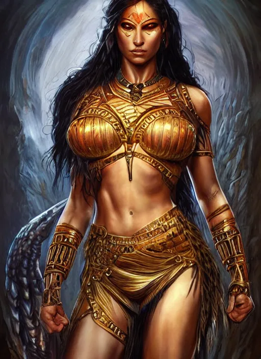 Prompt: a highly detailed symmetrical full body painting of a female amazon warrior with piercing beautiful eyes in dark tomb setting, dynamic lighting, ambient lighting, deviantart, art by artgerm and karol bak and mark brooks