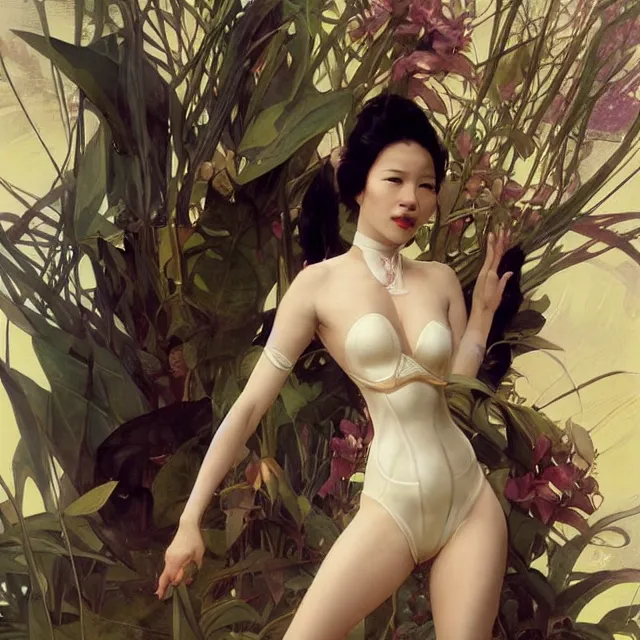 Image similar to asian domme mistress, full body, dominatrix, tribal, smooth white tight clothes suit, ornate, very beautiful, concept art, realistic painting, androgynous, afrofuturism, daz 3 d, cinematic, cgsociety, digital art by greg rutkowski, by alphonse mucha