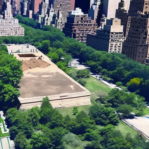 Image similar to egyptian excavation in central park new york drone footage shot on arri alexa flat light high detail blue sky s - log