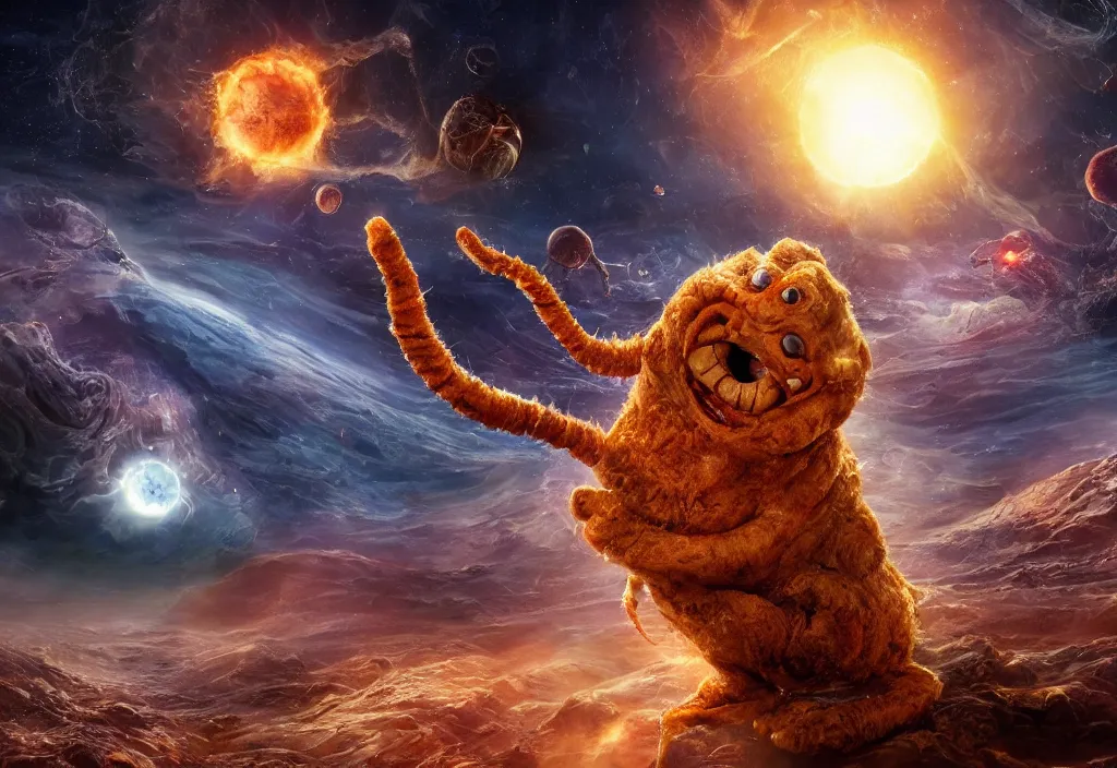 Image similar to eldritch horror bloody garfield in space, hd, 8 k, giant, epic, realistic photo, unreal engine, stars, prophecy, powerful, cinematic lighting, destroyed planet, debris, violent, sinister, ray tracing, dynamic, epic composition, dark, horrific, teeth, grotesque, monochrome drawing, hellscape, death, corpses, foreboding