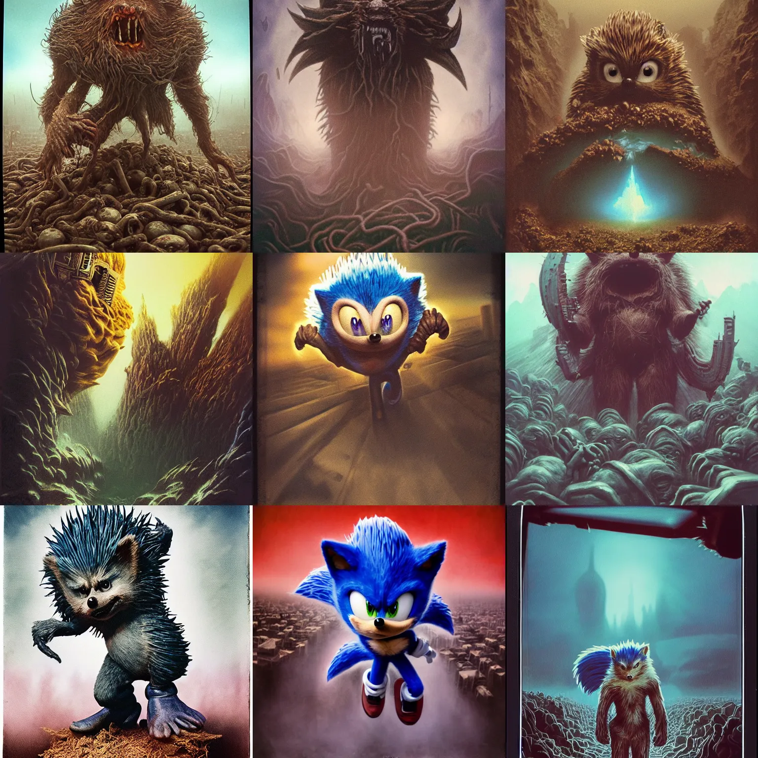 Prompt: Haunting horrifying hyperrealistic sonic the hedgehog portrait, atop a giant pile of soulless husk humans in a foggy hellscape, dystopian feel, instax, polaroid, film still heavy metal, disgusting, creepy, unsettling, in the style of Michael Whelan and Zdzisław Beksiński, lovecraftian, hyper detailed, trending on Artstation