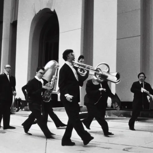 Image similar to jazz band on the run, citizen kane movie, 8 k higly detailed cinematic lighting, moma museum