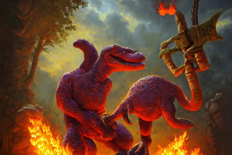 Image similar to barney the dinosaur holding a fire axe, an oil painting by ross tran and thomas kincade