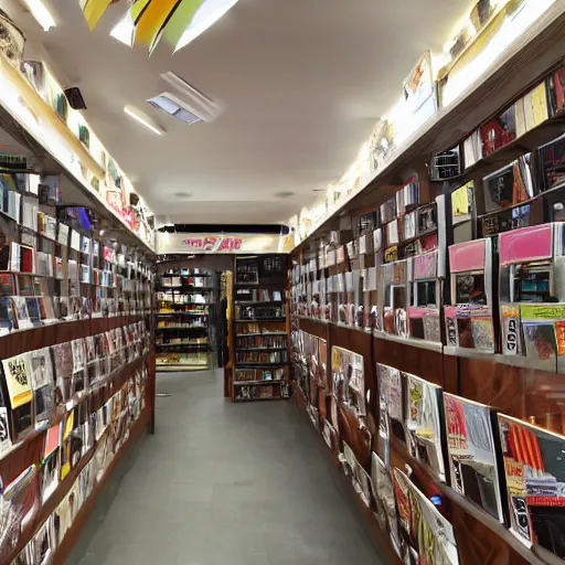 Prompt: photograph of the inside of a DVD shop, detailed