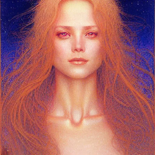 Image similar to Facial portrait of a cute shy woman, looking away from the camera, seductive smile, sparkle in eyes, lips slightly parted, long flowing hair, no hands visible, intricate, extremely detailed painting by Jean Delville and by Greg Rutkowski and by Moebius, golden hour