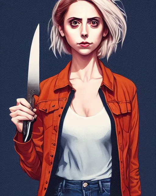 Image similar to loish, artgerm, Joshua Middleton art, Rafeal Albuquerque, pretty Alison Brie serial killer holding bloody knife in right hand realistic hand, blood on clothes and face, sarcastic smile, symmetrical eyes, symmetrical face, jean jacket, jeans, short blonde hair, middle shot, night time, deep blacks