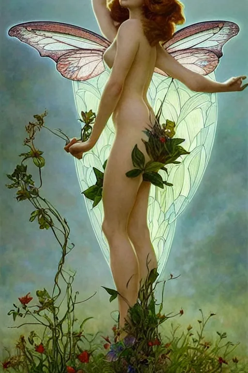 Image similar to full body fairy goddess!! plant metamorphosis, perfect face!!, fantasy, intricate, elegant, dramatic lighting, emotionally evoking symbolic metaphor, highly detailed, photorealistic, artstation, concept art, smooth, sharp focus, art by john collier and albert aublet and krenz cushart and artem demura and alphonse mucha