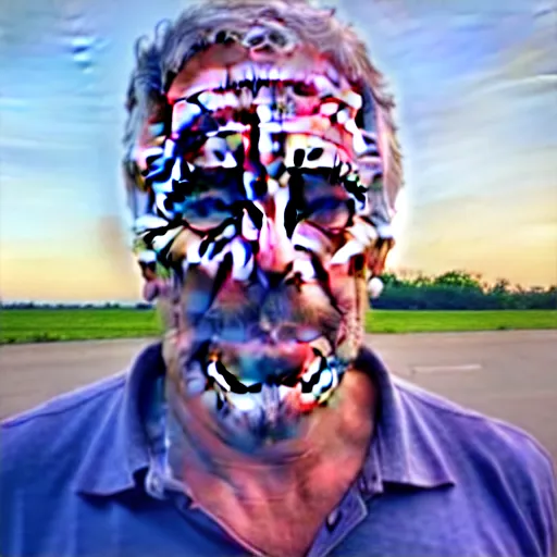 Prompt: happy jeffrey epstein, wearing a dark blue polo shirt, standing near fighter jet on an empty runway at dusk, high detail, volumetric lights, award winning photo