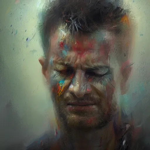 Image similar to A realistic hyperdetailed multi-colored digital oil portrait painting of a man crying about soccer in the style of Guy Denning, Ruan Jia, and Craig Mullins. Trending on ArtStation and DeviantArt. CGSociety Digital art.