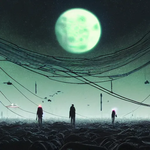 Image similar to alien world made from wires, detailed landscape, intricate complexity, 3 bright moons, green glow, by greg rutkowski, artgerm, ross tran, conrad roset, takato yomamoto, ilya kuvshinov. 4 k, beautiful, cinematic dramatic atmosphere