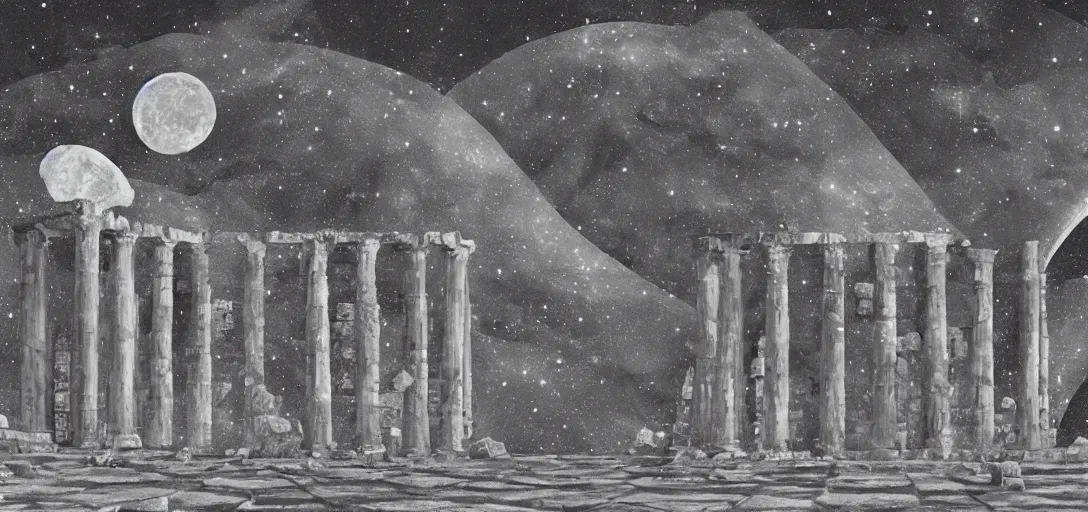 Image similar to The ruins of the Silver Millennium on the moon from Sailor Moon, digital painting, large Earth in the distance, Greek-esque columns and ruins