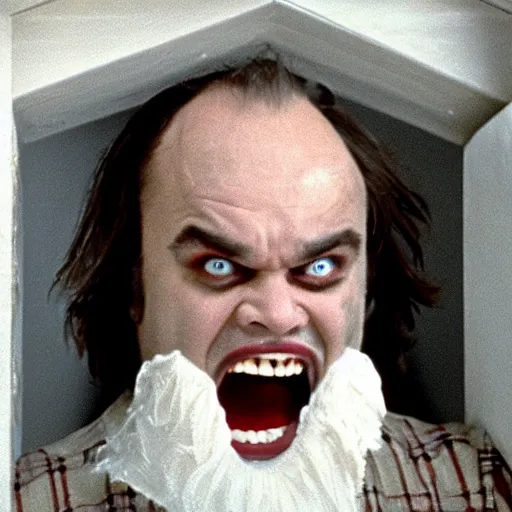 Image similar to film Footage from the Shining: Jack Black's face looking through a rough vertical hole in a white door after he used an ax to make the hole. He is grinning with his brows down in an evil expression, facing the camera but looking to the right.