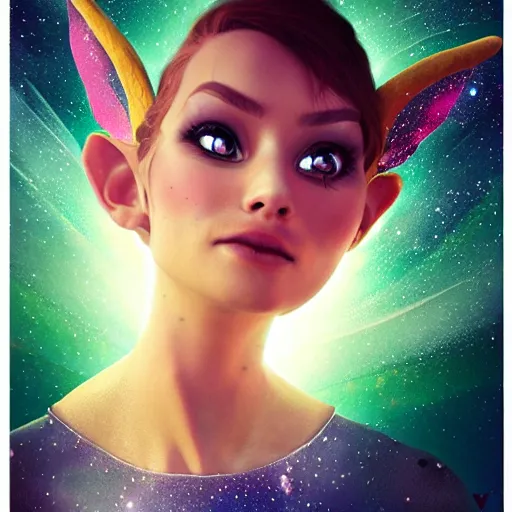 Image similar to magical fairy floating in space, epic cartoon portrait, beautiful face, stunning concept art, highly detailed, galaxy background, rendered in octane, unreal engine, trending on artstation, realistic, diviantart