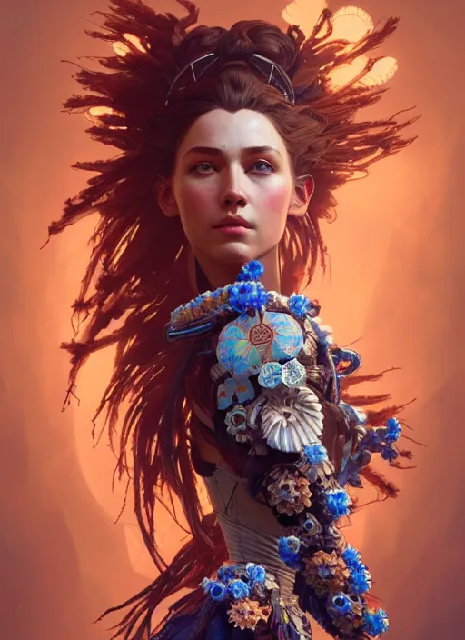 Image similar to symmetry!! portrait of floral! horizon zero dawn machine, intricate, elegant, highly detailed, digital painting, artstation, concept art, smooth, sharp focus, illustration, art by artgerm and greg rutkowski and alphonse mucha, 8 k