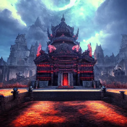 Prompt: huge temple in hell with dragons in the sky above it, sharp focus, digital art, epic composition, dynamic lighting, intricate, highly detailed, 8 k, unreal engine, blender render