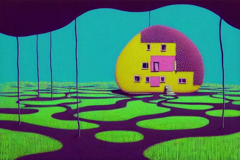 Image similar to surreal glimpse into other universe, house by kengo kuma, summer morning, very coherent and colorful high contrast, art by!!!! gediminas pranckevicius!!!!, geof darrow, floralpunk screen printing woodblock, dark shadows, hard lighting, stipple brush technique,