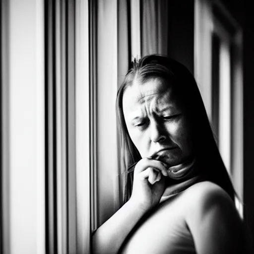 Image similar to black and white photograph portrait of a depressed 35 years old woman standing by the window, natural light, lomo, fashion photography, film grain, soft vignette, sigma 85mm f/1.4 1/10 sec shutter