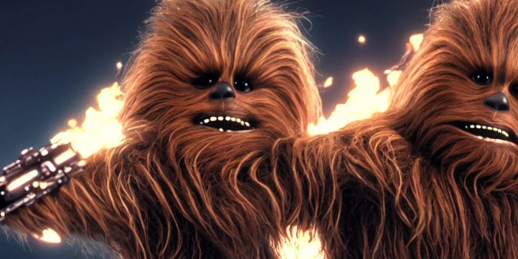 Image similar to chewbacca original trilogy photo real 1 9 7 7, 1 9 8 0, 1 9 8 3 portrait, motion blur, robotic arm, mcu style, explosions, fire, real life, spotted, ultra realistic face, accurate hands, 4 k, movie still, uhd, sharp, detailed, cinematic, render, modern