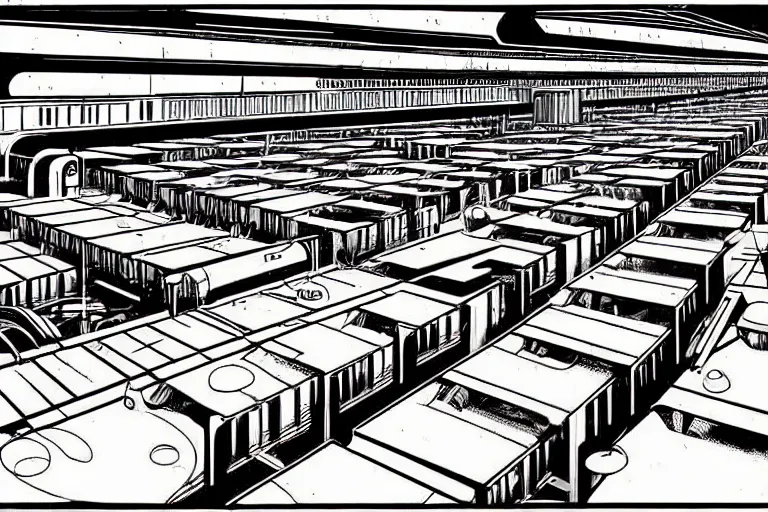 Image similar to a scifi illustration, factory interior. seen from above. vats of fluid. flat colors, limited palette in FANTASTIC PLANET La planète sauvage animation by René Laloux