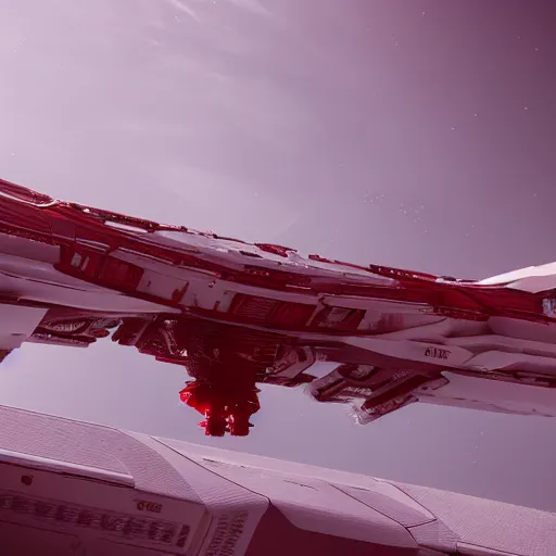 Prompt: two sleek white long intricate spacecraft with red details, no wings, highly detailed, photorealistic, cinematic, sci-fi, octane render