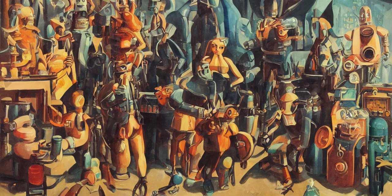 Image similar to background characters from an adventure game theme of wizards and robots science fiction 1930s future (oil paint on canvas)