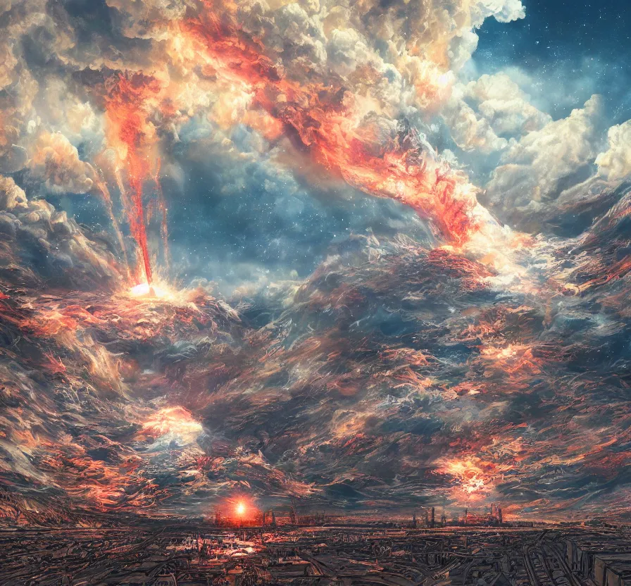 Prompt: nuclear explosion, acrilic paint, digital, artstation, detailed, intricate ink, illustration, heavenly atmosphere, digital art, over detailed art, conceptart