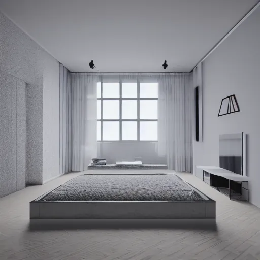 Image similar to symmetry, parallax mapping of brutalist bedroom, minimalist architecture, minimalist furniture, octane render, high quality