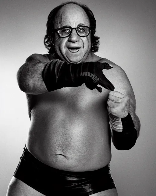 Image similar to portrait of danny devito as a wwe professional wrestler. photographic, photography