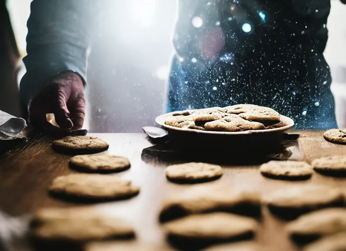 Prompt: a 3 5 mm photo from the back of a man making cookies, splash art, movie still, bokeh, canon 5 0 mm, cinematic lighting, dramatic, film, photography, golden hour, depth of field, award - winning, anamorphic lens flare, 8 k, hyper detailed, 3 5 mm film grain