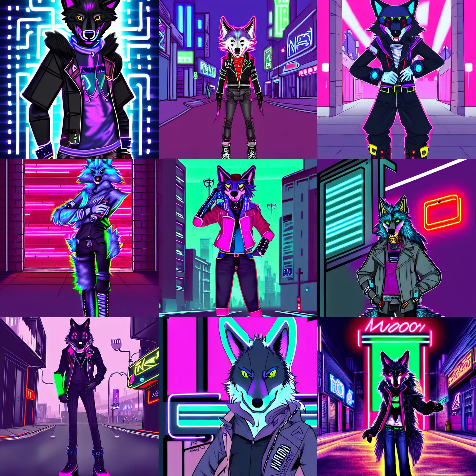 Prompt: beautiful commission digital art portrait commission of an androgynous furry anthro wolf wearing punk clothes in the streets of a cyberpunk city. neon signs. made by rick griffin, miles df, fa, furraffinity