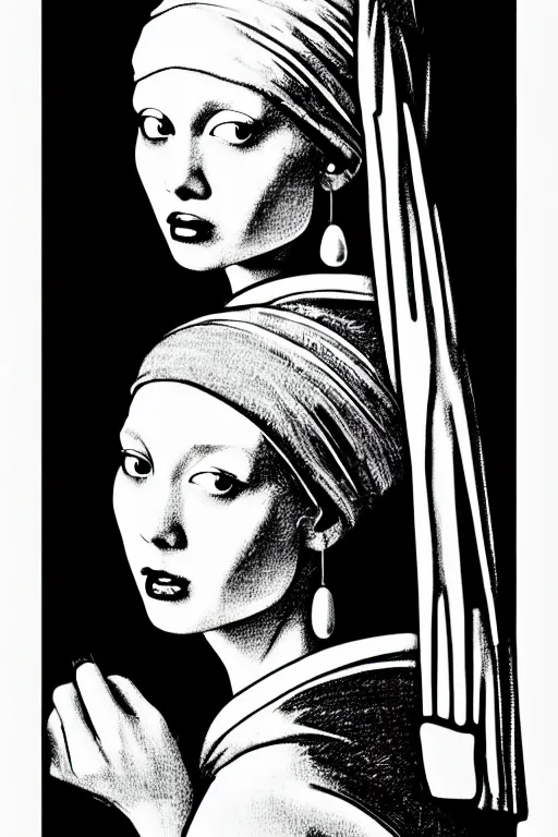 Image similar to beautiful portrait of a woman, negative no not the girl with a pearl earring, highly detailed ink illustration of a narrow neon lit tokyo alley, b & w clean shaped illustration by kim jung gi, ric estrada, ron english and eiichiro oda